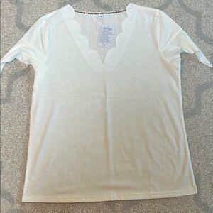 Scalloped V-Neck Cream Top